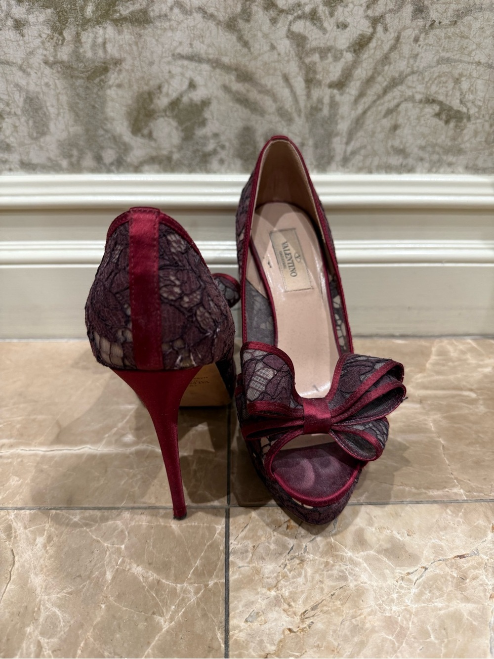 Valentino Burgundy and Black Lace Peep-Toe Bow Pumps - Picture 3 of 8